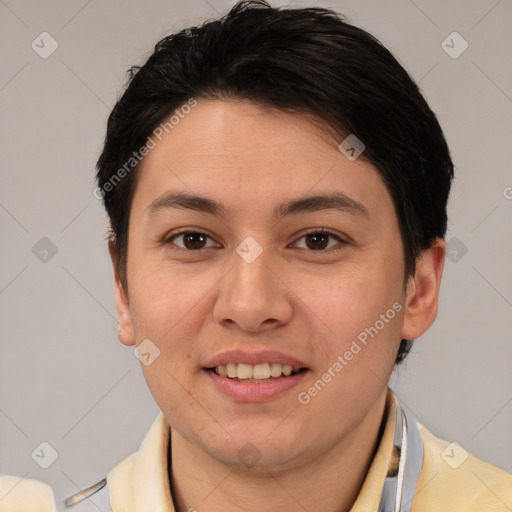 Joyful white young-adult female with short  brown hair and brown eyes