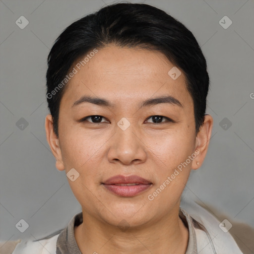 Joyful white young-adult female with short  black hair and brown eyes