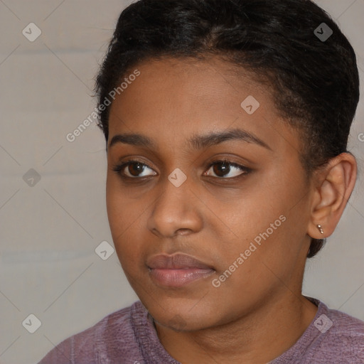 Neutral black young-adult female with short  brown hair and brown eyes