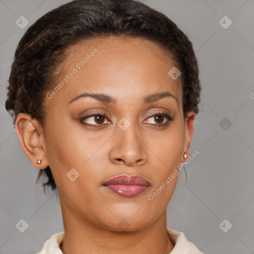 Joyful latino young-adult female with short  brown hair and brown eyes