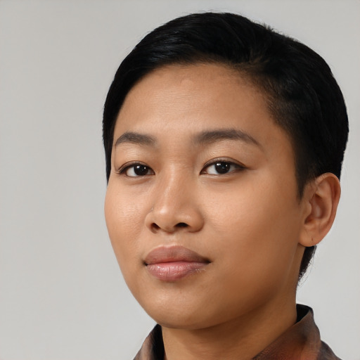 Neutral asian young-adult female with short  black hair and brown eyes