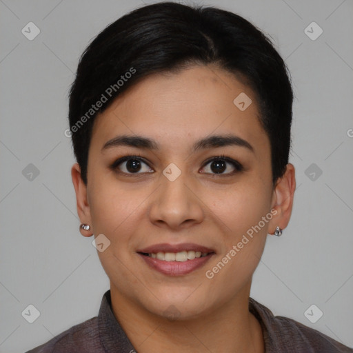 Joyful asian young-adult female with short  black hair and brown eyes