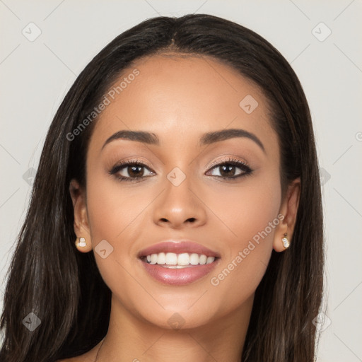 Joyful white young-adult female with long  brown hair and brown eyes