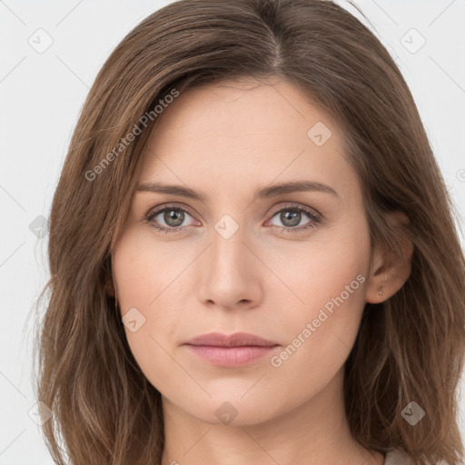 Neutral white young-adult female with long  brown hair and grey eyes