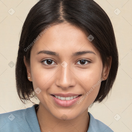 Joyful white young-adult female with medium  brown hair and brown eyes