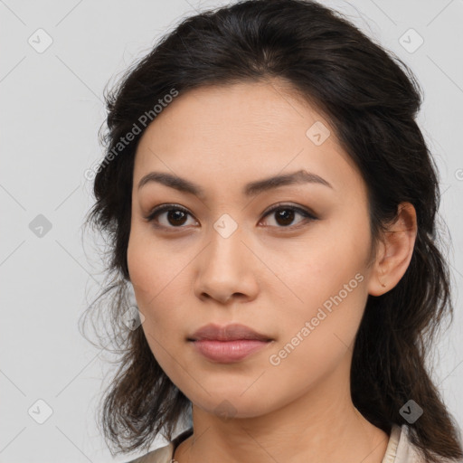 Neutral asian young-adult female with medium  brown hair and brown eyes