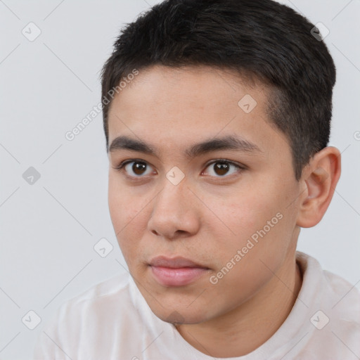 Neutral white young-adult male with short  black hair and brown eyes