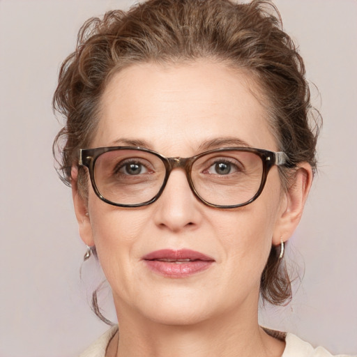 Joyful white adult female with medium  brown hair and blue eyes