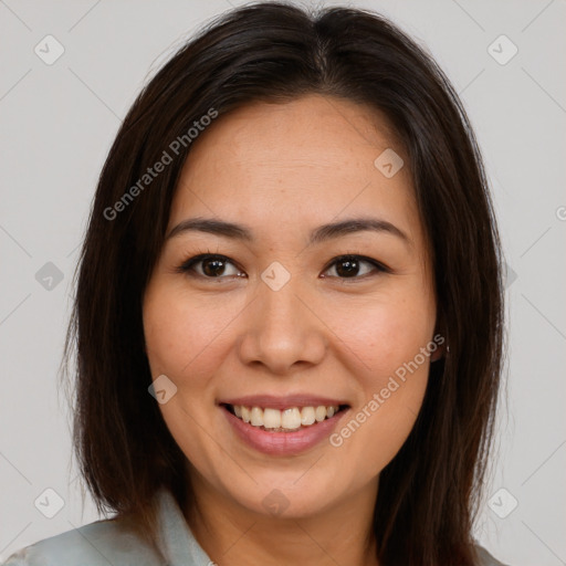 Joyful white young-adult female with medium  brown hair and brown eyes