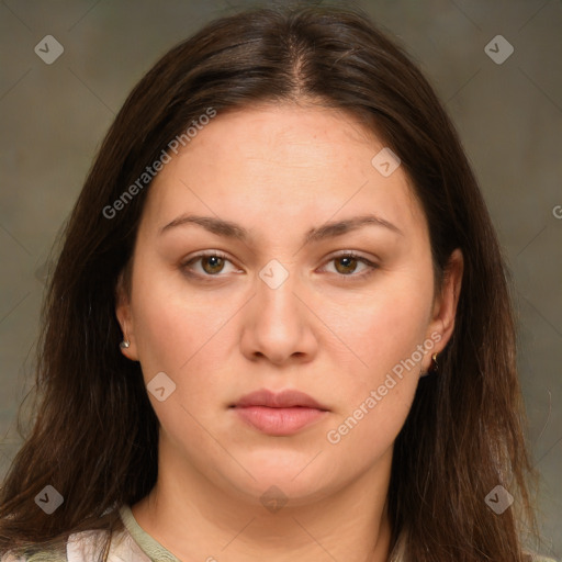 Neutral white young-adult female with long  brown hair and brown eyes