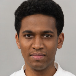 Joyful black young-adult male with short  black hair and brown eyes