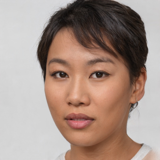 Neutral asian young-adult female with short  brown hair and brown eyes