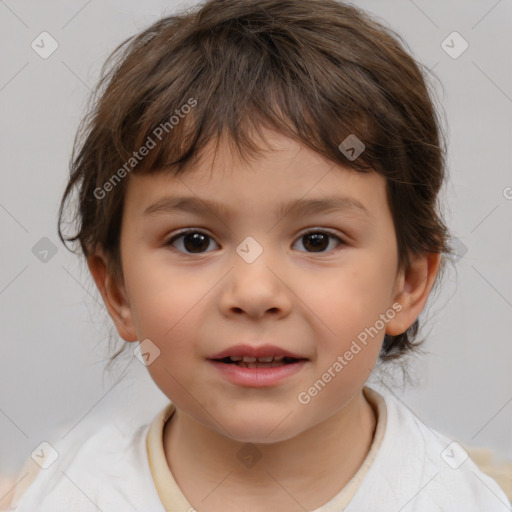 Joyful white child female with medium  brown hair and brown eyes