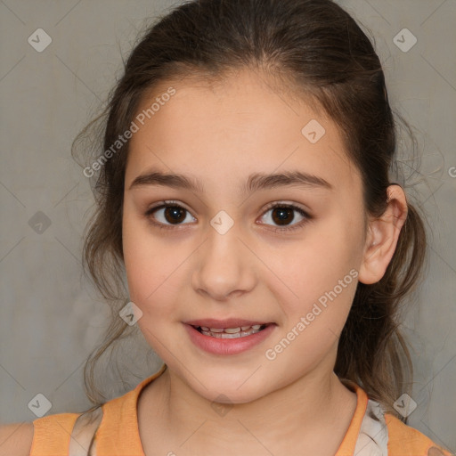 Joyful white child female with medium  brown hair and brown eyes