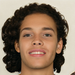 Joyful white young-adult male with medium  brown hair and brown eyes