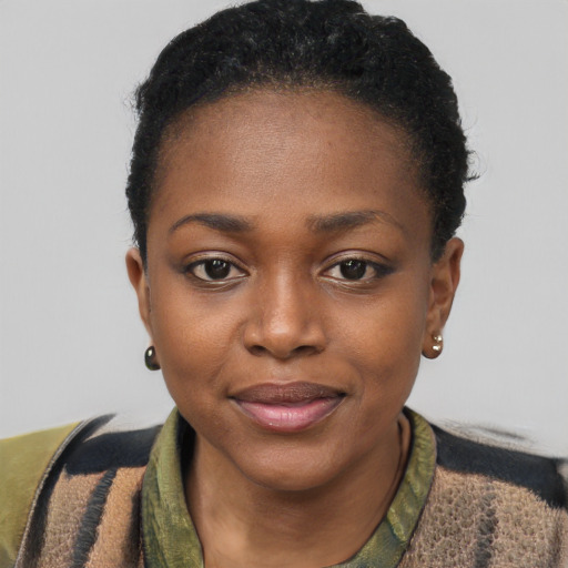 Joyful black young-adult female with short  black hair and brown eyes