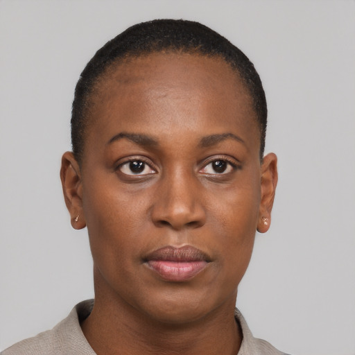 Neutral black young-adult female with short  black hair and brown eyes