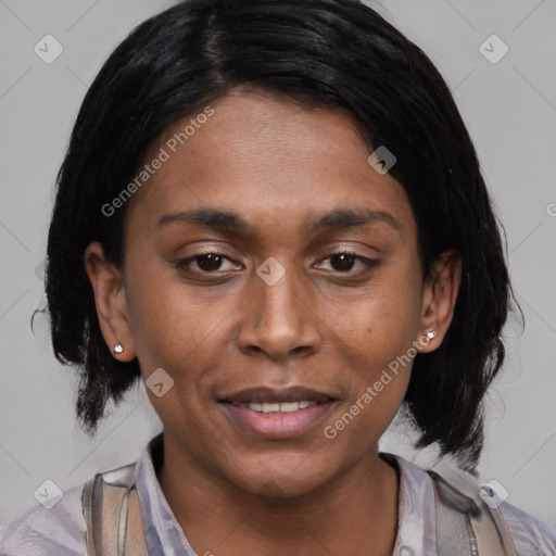 Joyful latino young-adult female with medium  black hair and brown eyes