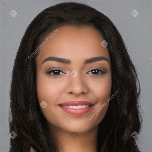 Joyful latino young-adult female with long  black hair and brown eyes