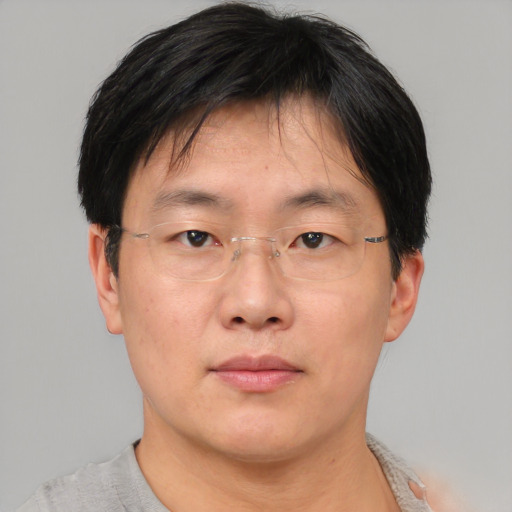 Neutral asian adult male with short  brown hair and brown eyes