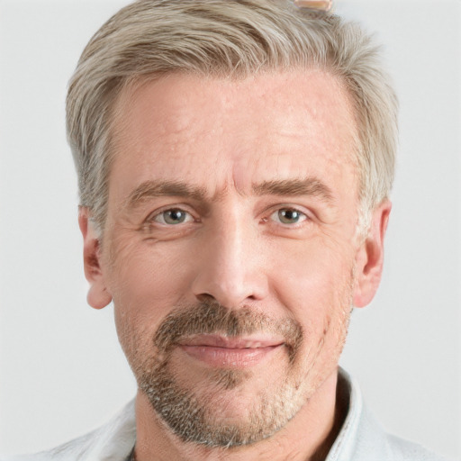 Joyful white adult male with short  brown hair and grey eyes