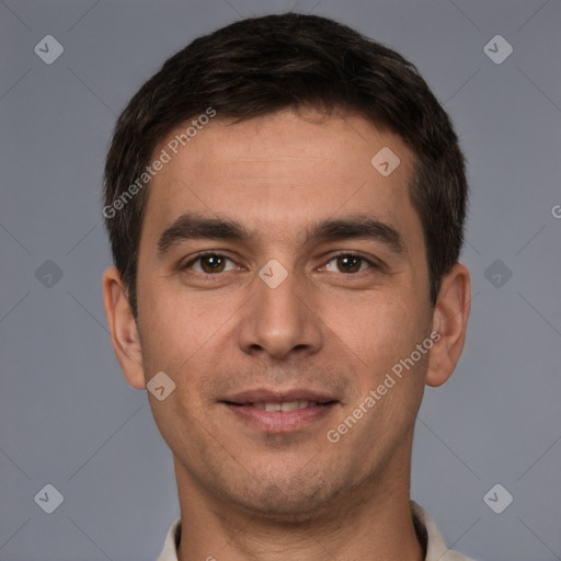 Joyful white young-adult male with short  brown hair and brown eyes