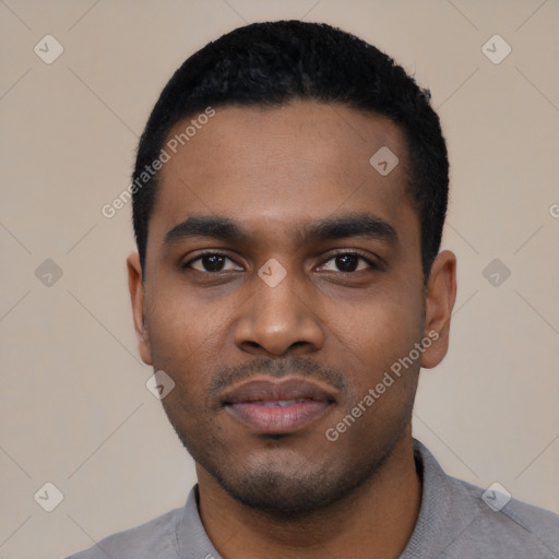 Neutral latino young-adult male with short  black hair and brown eyes
