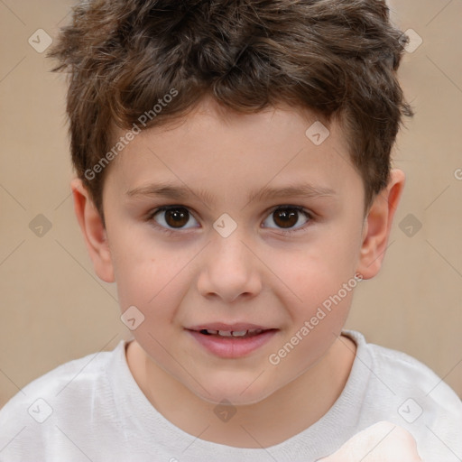 Joyful white child male with short  brown hair and brown eyes