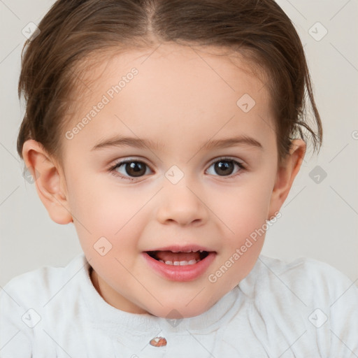 Joyful white child female with short  brown hair and brown eyes