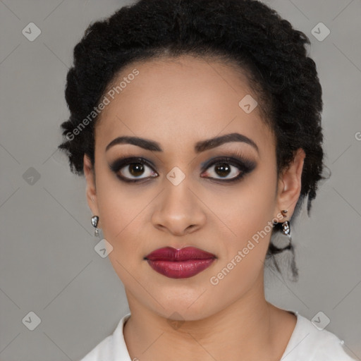 Joyful latino young-adult female with medium  black hair and brown eyes