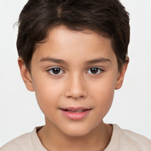 Joyful white child female with short  brown hair and brown eyes