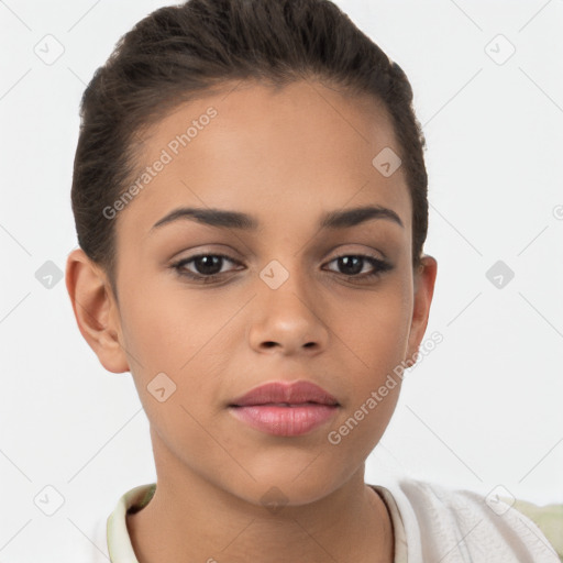 Neutral white young-adult female with short  brown hair and brown eyes