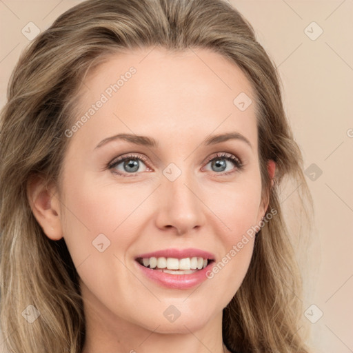 Joyful white young-adult female with long  brown hair and grey eyes