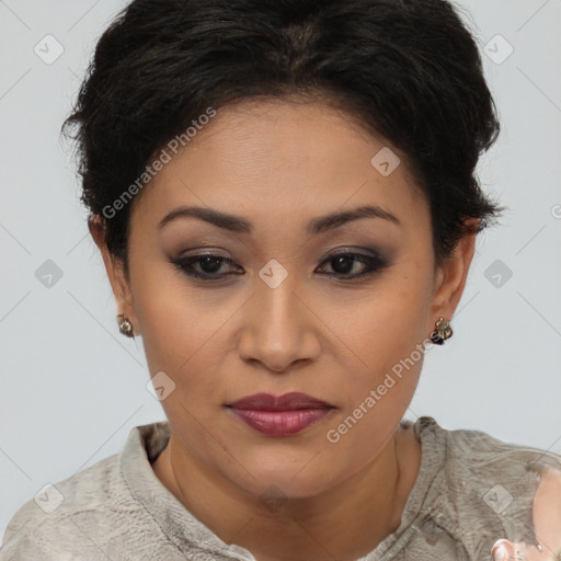 Joyful latino young-adult female with short  brown hair and brown eyes