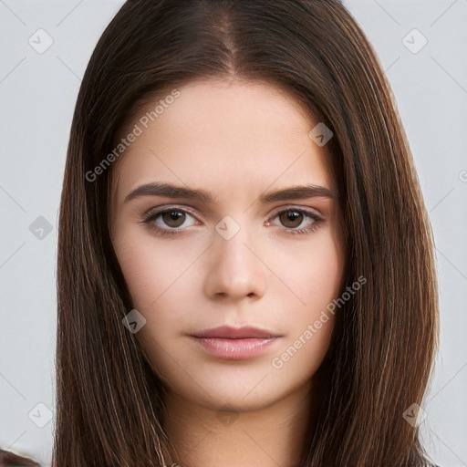 Neutral white young-adult female with long  brown hair and brown eyes