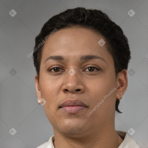 Neutral black young-adult female with short  brown hair and brown eyes