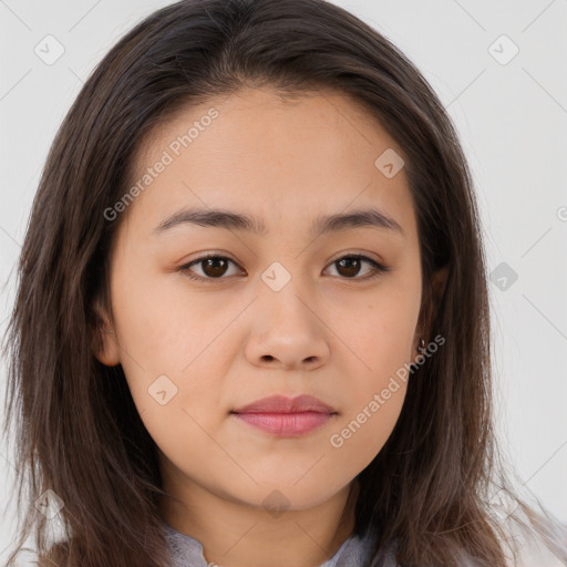 Neutral white young-adult female with long  brown hair and brown eyes