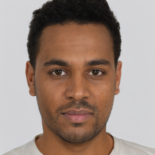 Neutral black young-adult male with short  brown hair and brown eyes