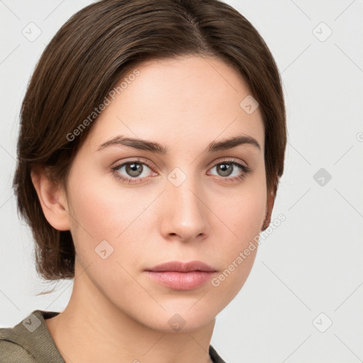 Neutral white young-adult female with medium  brown hair and grey eyes