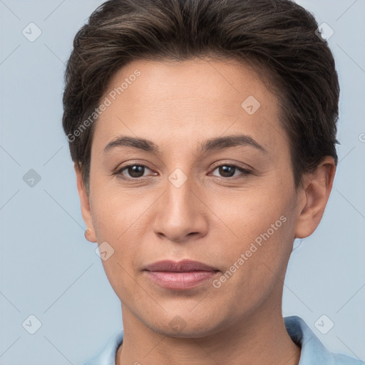 Joyful white young-adult female with short  brown hair and brown eyes