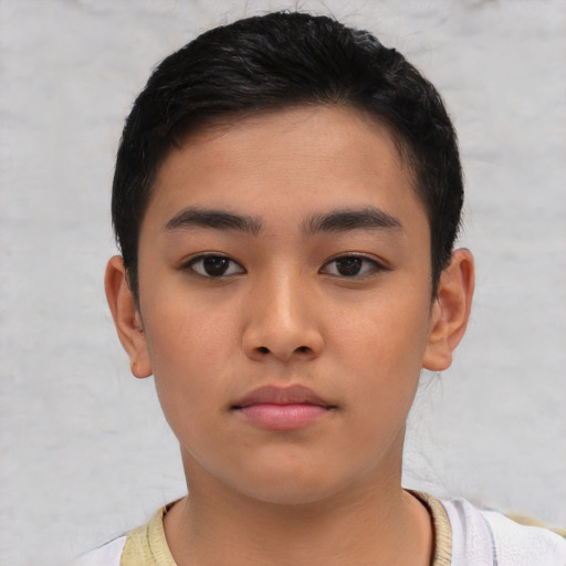 Neutral asian child male with short  black hair and brown eyes