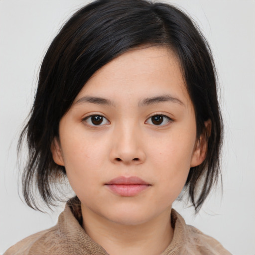 Neutral asian young-adult female with medium  brown hair and brown eyes