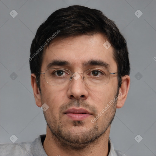 Neutral white adult male with short  black hair and brown eyes