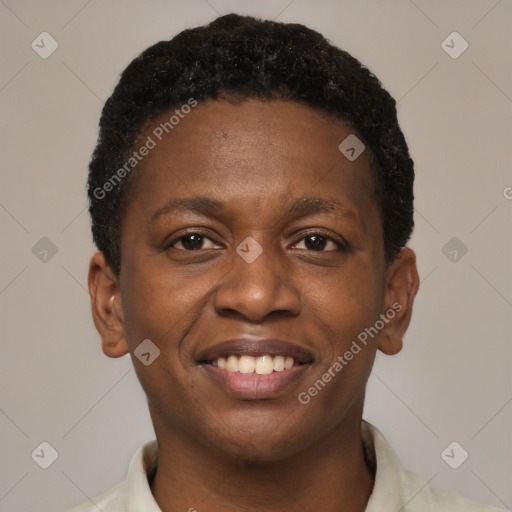 Joyful black young-adult male with short  brown hair and brown eyes