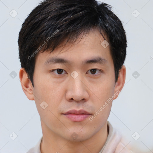 Neutral asian young-adult male with short  brown hair and brown eyes