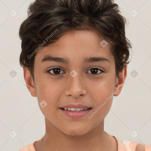 Joyful white child female with short  brown hair and brown eyes