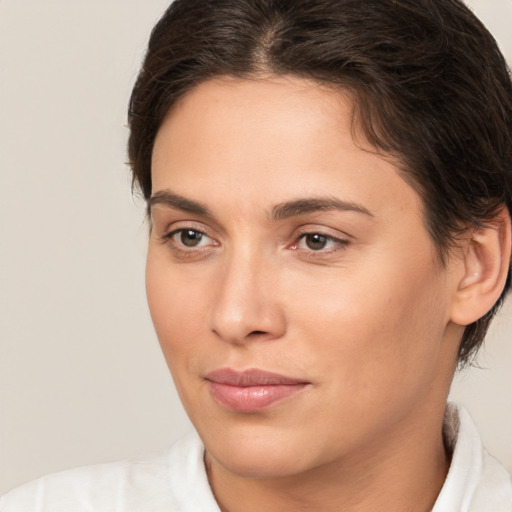 Joyful white young-adult female with medium  brown hair and brown eyes