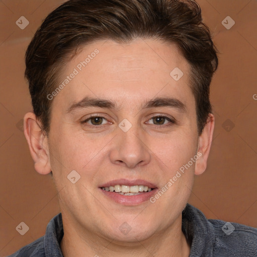 Joyful white adult male with short  brown hair and grey eyes