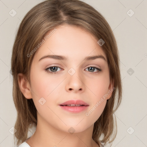 Neutral white young-adult female with medium  brown hair and grey eyes