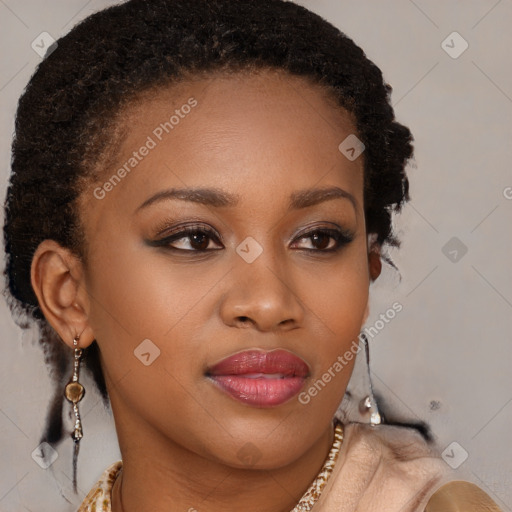 Joyful black young-adult female with long  brown hair and brown eyes